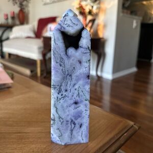 Lavender Moss Agate stone tower with deep druzy